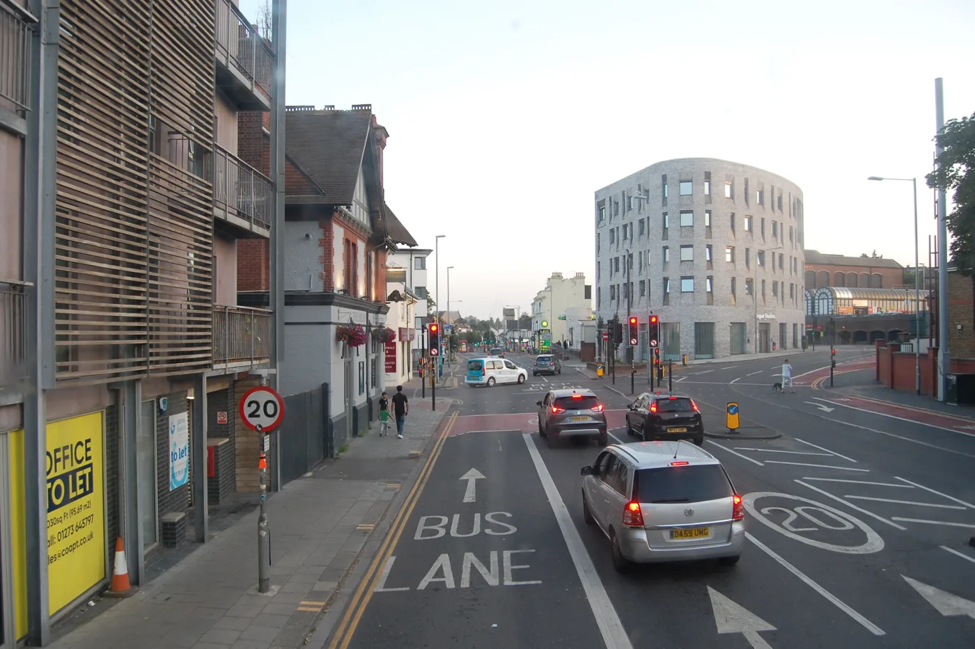 The approach to the Vogue Gyratory on Lewes Road, photographed in June 2019. The photo shows the road, not the monitoring equipment.
