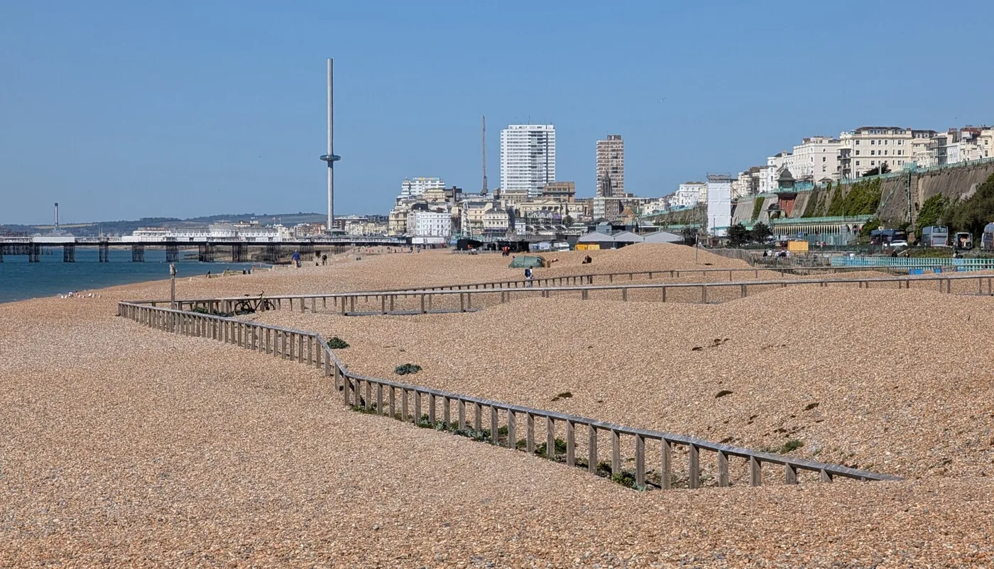 The beach at Black Rock, Brighton, looking west towards the Palace Pier. This is a general view of the area, photographed before the events described.