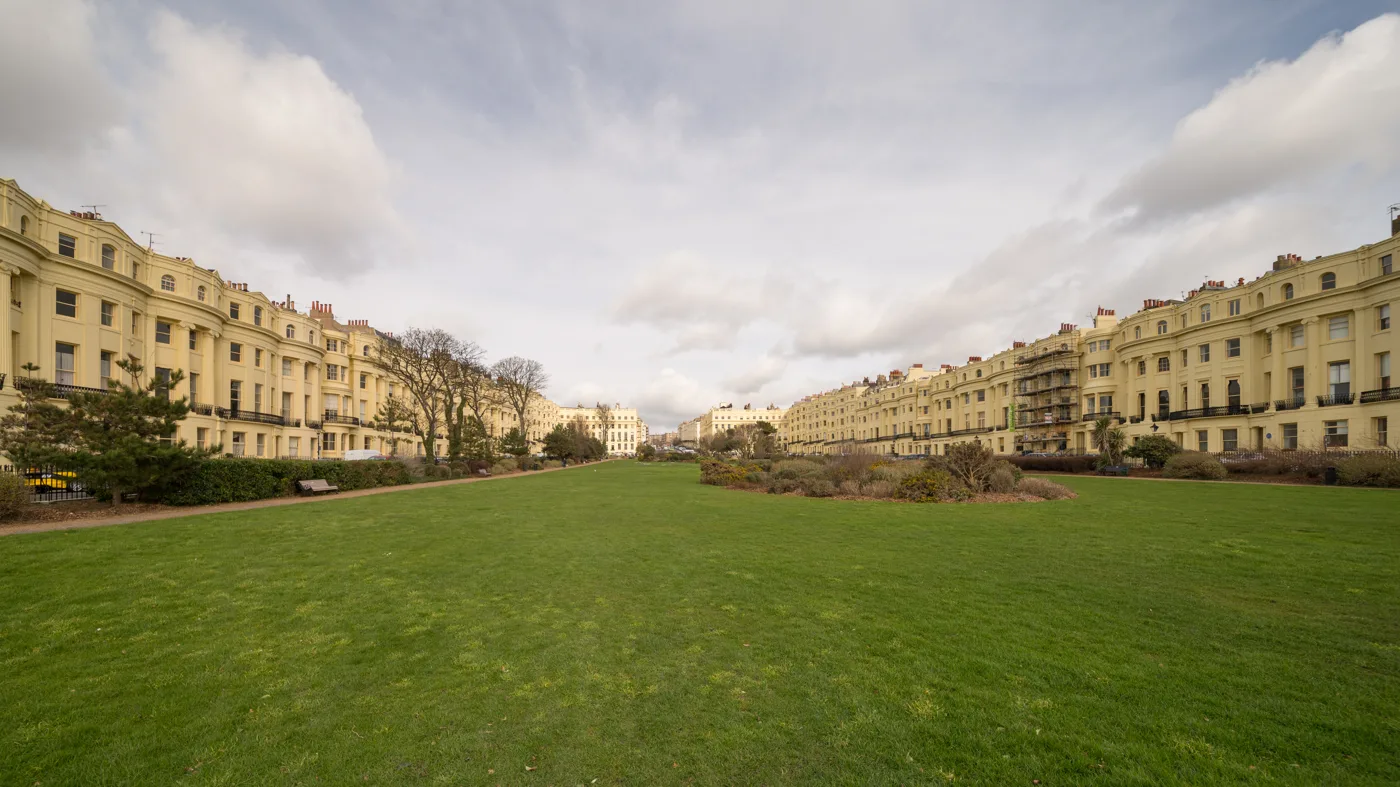 Brunswick Square, Hove, photographed in March 2017. Much of the city's flat stock sits in converted Regency terraces like these, and flats are the only property type still falling.