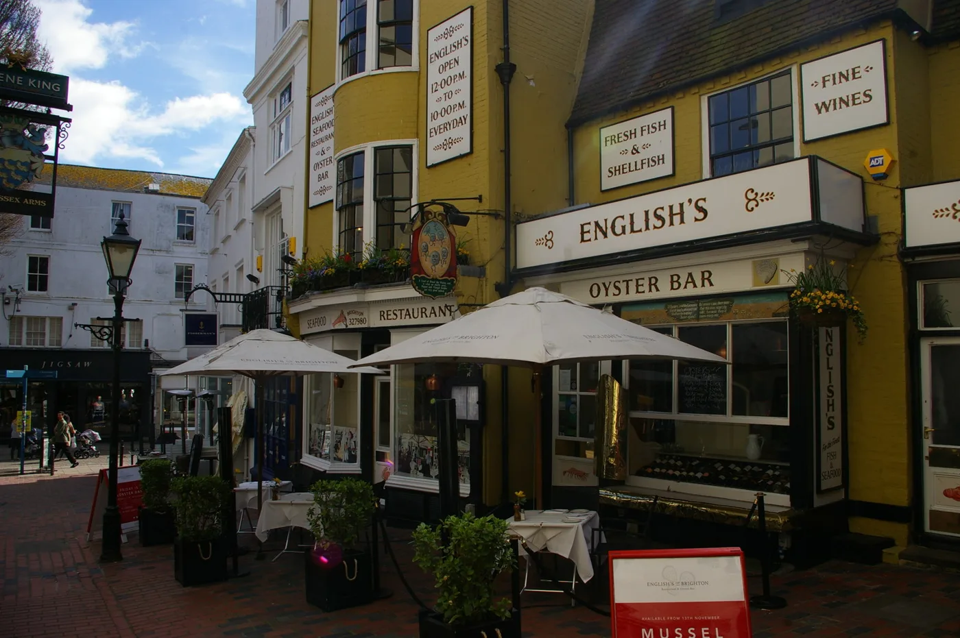 English's seafood restaurant and oyster bar in The Lanes, with tables set out on the pavement