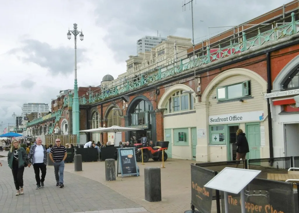 The King's Road Arches on Brighton's lower promenade. The Victorian arches carry the A259 above them and house seafront businesses.