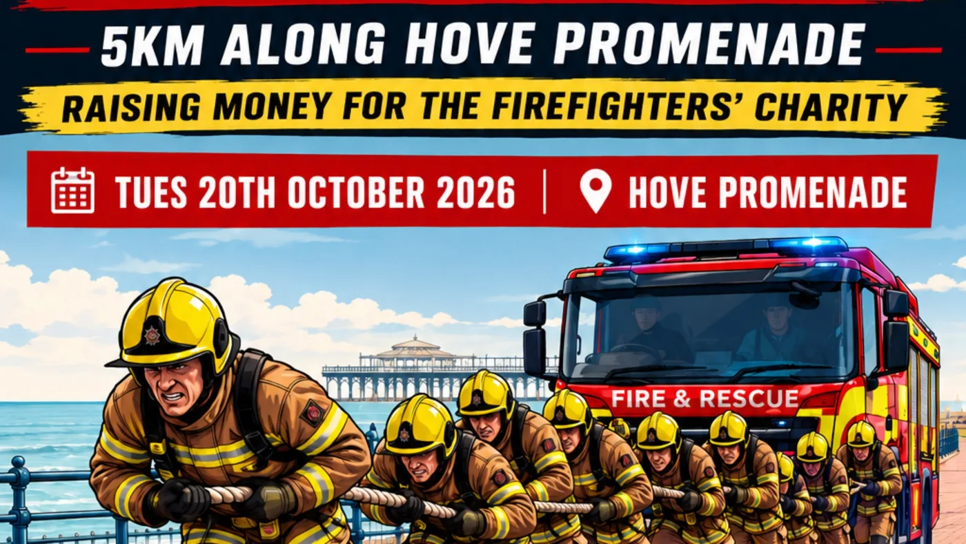 Illustrated poster of firefighters pulling a fire engine on a rope along a seafront, headed 5km along Hove Promenade, Tues 20th October 2026