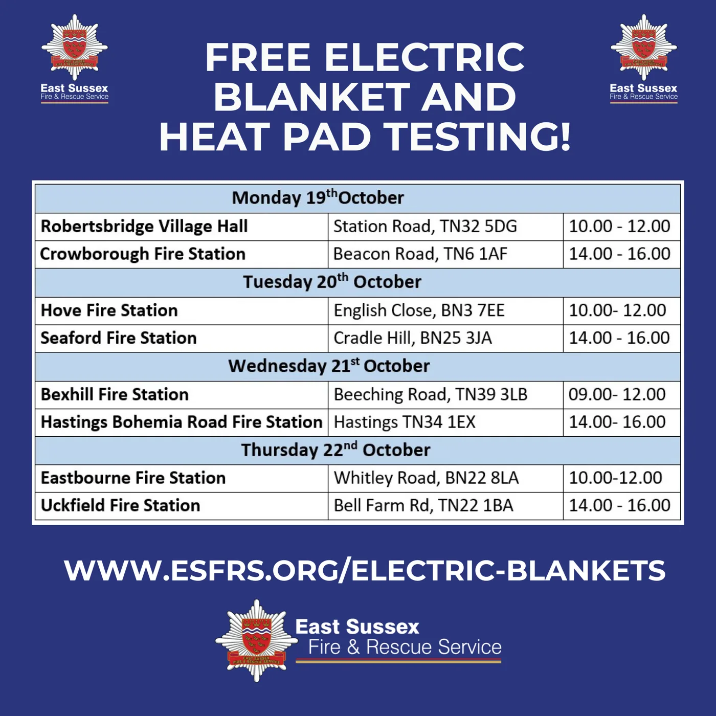 East Sussex Fire and Rescue Service poster listing free electric blanket and heat pad testing sessions from Monday 19 to Thursday 22 October