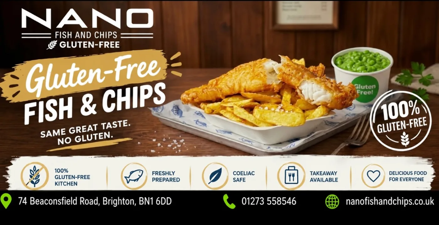 Nano Fish & Chips banner showing gluten-free fish and chips with mushy peas