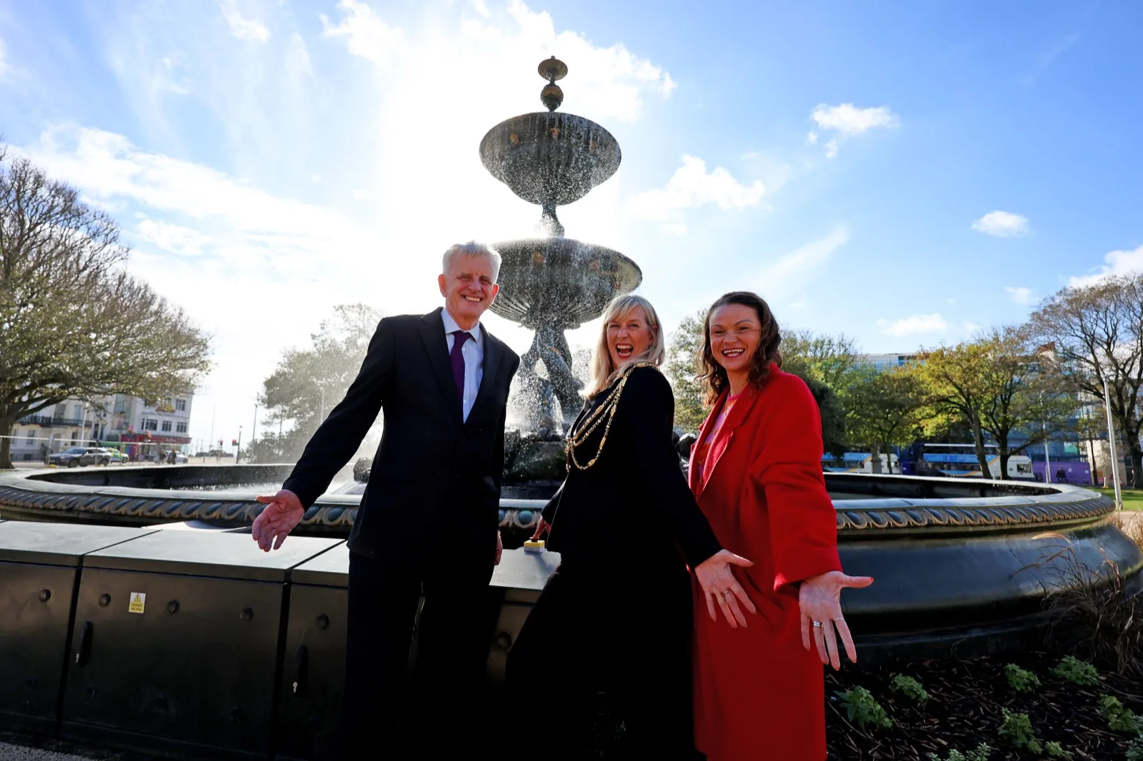 Councillor Trevor Muten, the Mayor, Councillor Fowler, and council leader Bella Sankey at the Victoria Fountain in the Old Steine on Friday