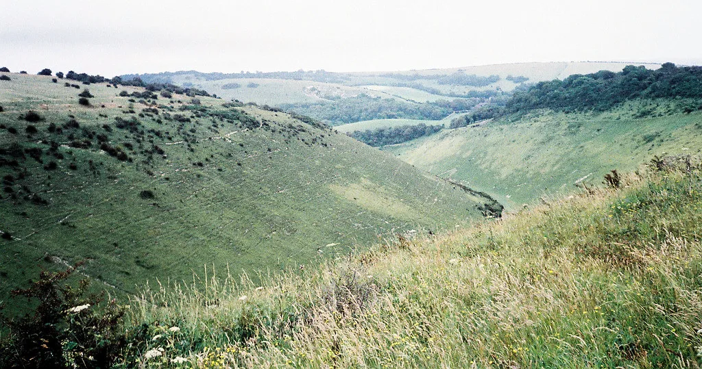 The dry valley at Devil's Dyke, looking down between grassy chalk slopes with scrub and woodland on either side