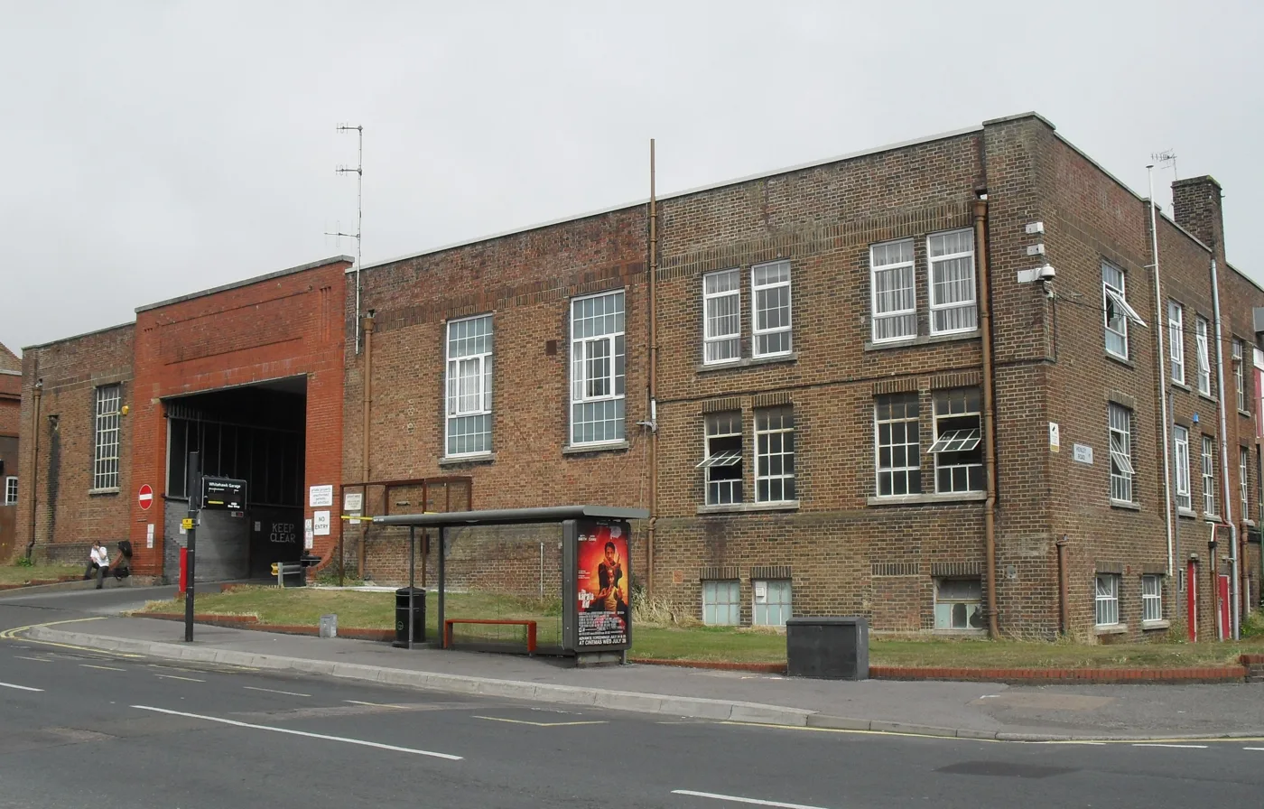 Whitehawk Bus Garage and its bus stop on Whitehawk Road, July 2010. Route 1 runs along Whitehawk Road inside the £1 zone.